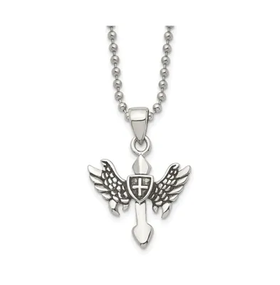 Chisel Antiqued Cross with Wings Pendant Ball Chain Necklace