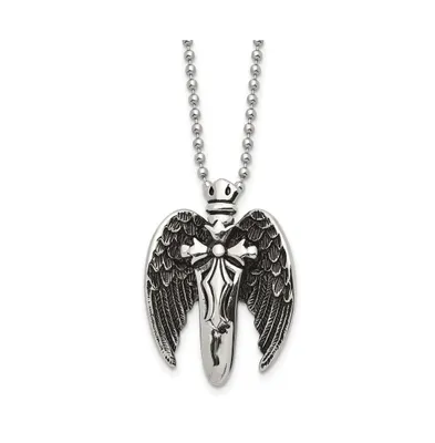Chisel Antiqued Brushed Winged Sword Pendant Ball Chain Necklace