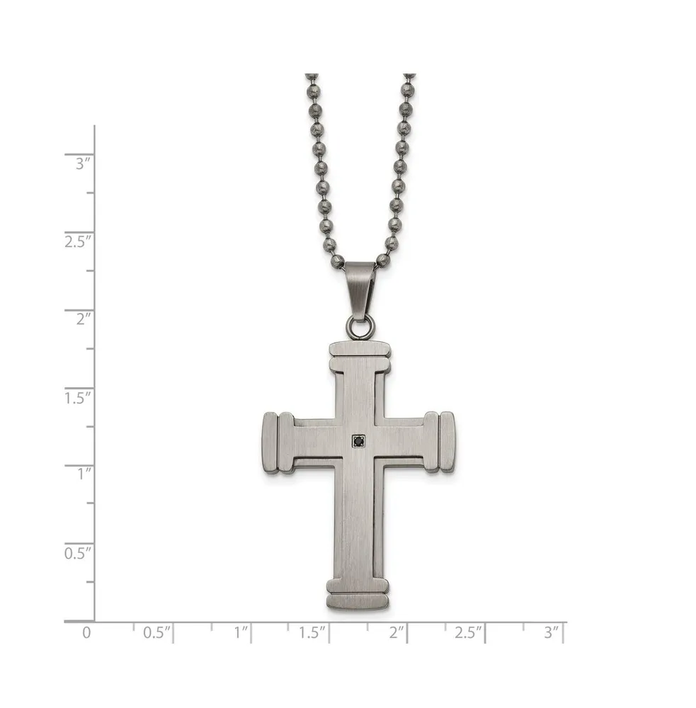 Chisel Antiqued Brushed and Black Cz Cross Pendant Ball Chain Necklace
