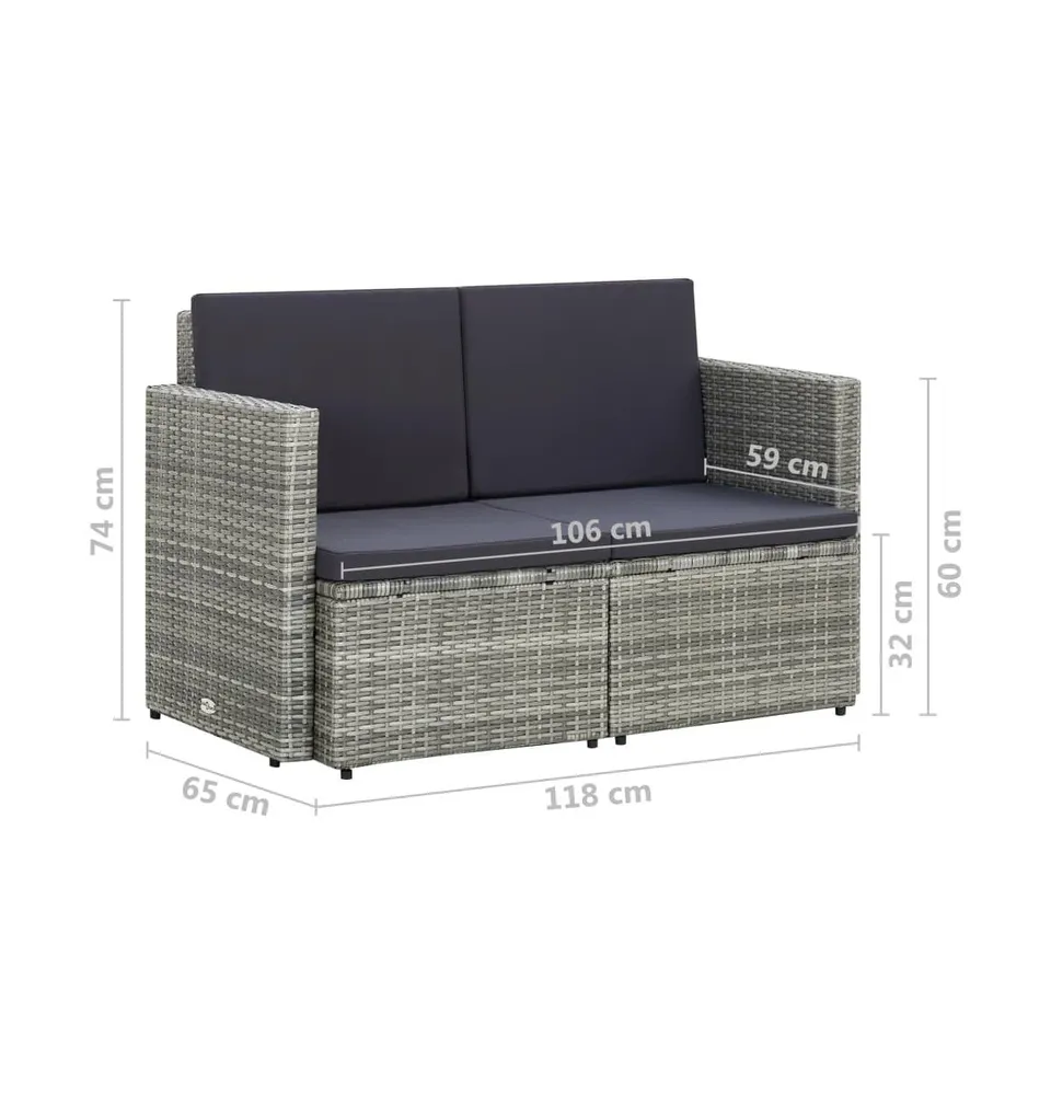 2 Seater Patio Sofa with Cushions Gray Poly Rattan