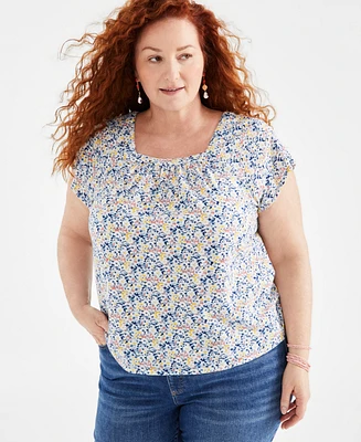 Style & Co Plus Cotton Printed Square-Neck Flutter-Sleeve Top, Created for Macy's