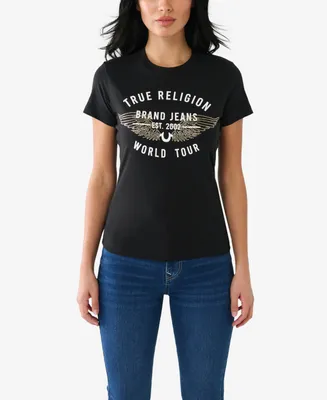 True Religion Women's Short Sleeve Retro Crystal Slim Crew T-shirt