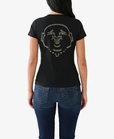 True Religion Women's Short Sleeve Crystal Buddha Slim V-neck T-shirt