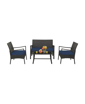 4 Pieces Rattan Conversation Set with Tempered Glass Coffee Table