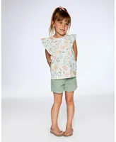 Girl Jersey Top With Frill Sleeves Off While Printed Romantic Flower