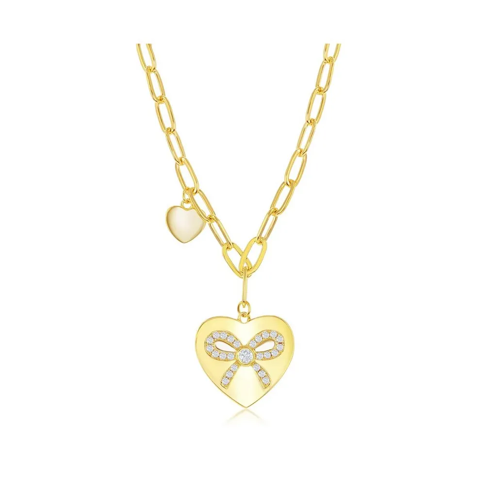 Sterling Silver or Gold Plated Over Heart with Cz Ribbon Paperclip Necklace