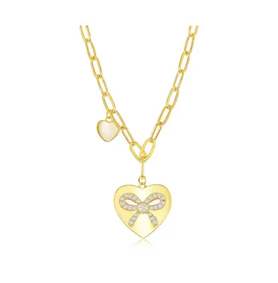 Sterling Silver or Gold Plated Over Heart with Cz Ribbon Paperclip Necklace