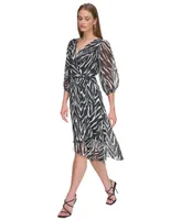 Dkny Women's Printed 3/4-Sleeve Wrap Dress