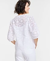 On 34th Women's Solid Eyelet Puff-Sleeve Blouse, Created for Macy's