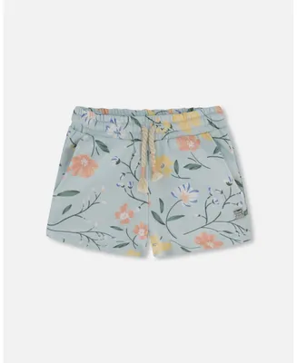 Girl French Terry Short Baby Blue With Printed Romantic Flower - Child