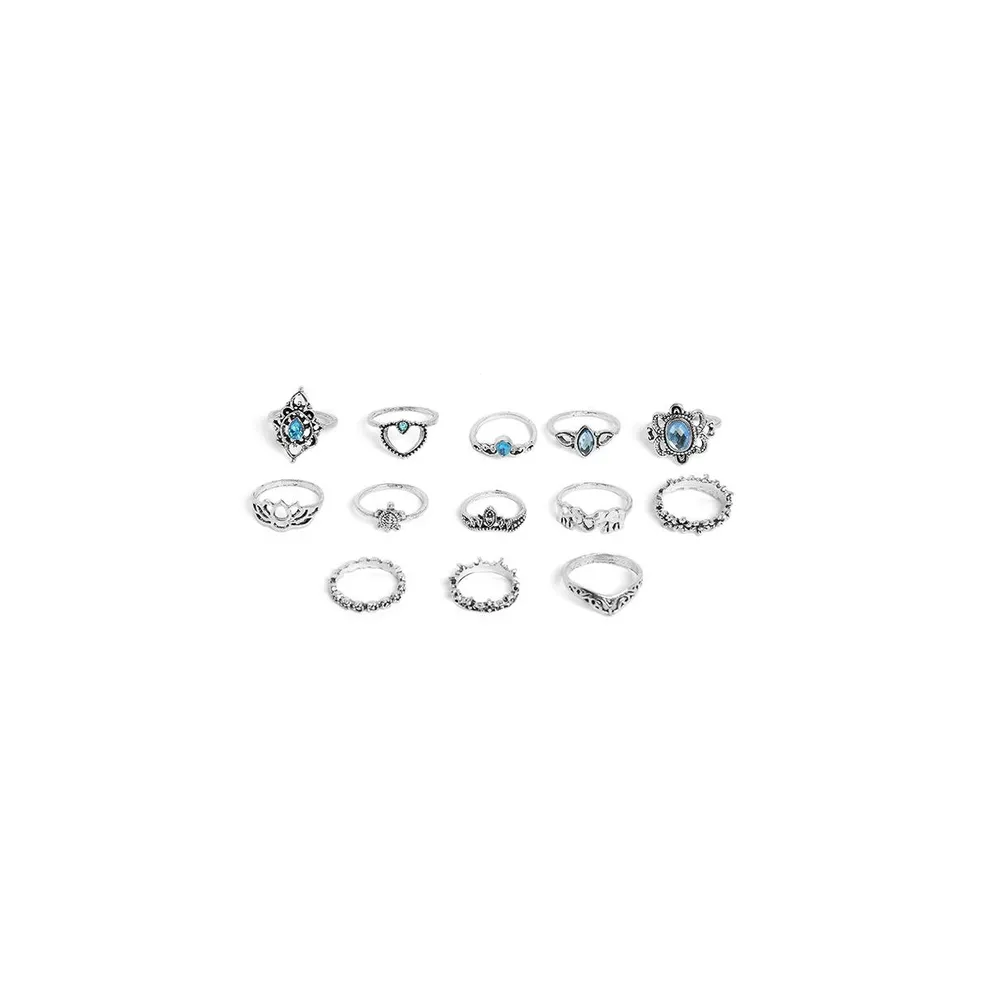 Sohi Women's Silver Pack Of 13 Oxidized Rings