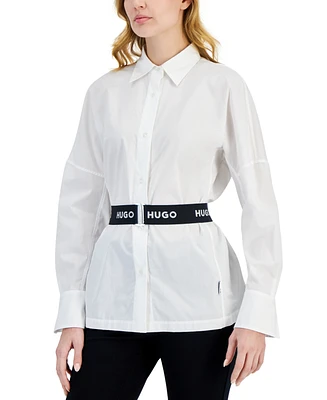 Hugo Women's Button-Down Long-Sleeve Logo Belted Tunic Top