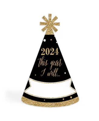 New Year's Eve - Gold - 2024 Cone New Years Eve Resolution Party Hats - 8 Ct
