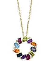 Effy Multi-Gemstone (3-7/8 ct. t.w.) & Diamond (1/10 ct. t.w.) Circle Cluster 18" Pendant Necklace in 14k Gold - Multi