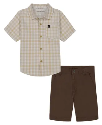 Calvin Klein Toddler Boys Plaid Short Sleeve Button-Up Shirt and Twill Shorts, 2 Piece Set