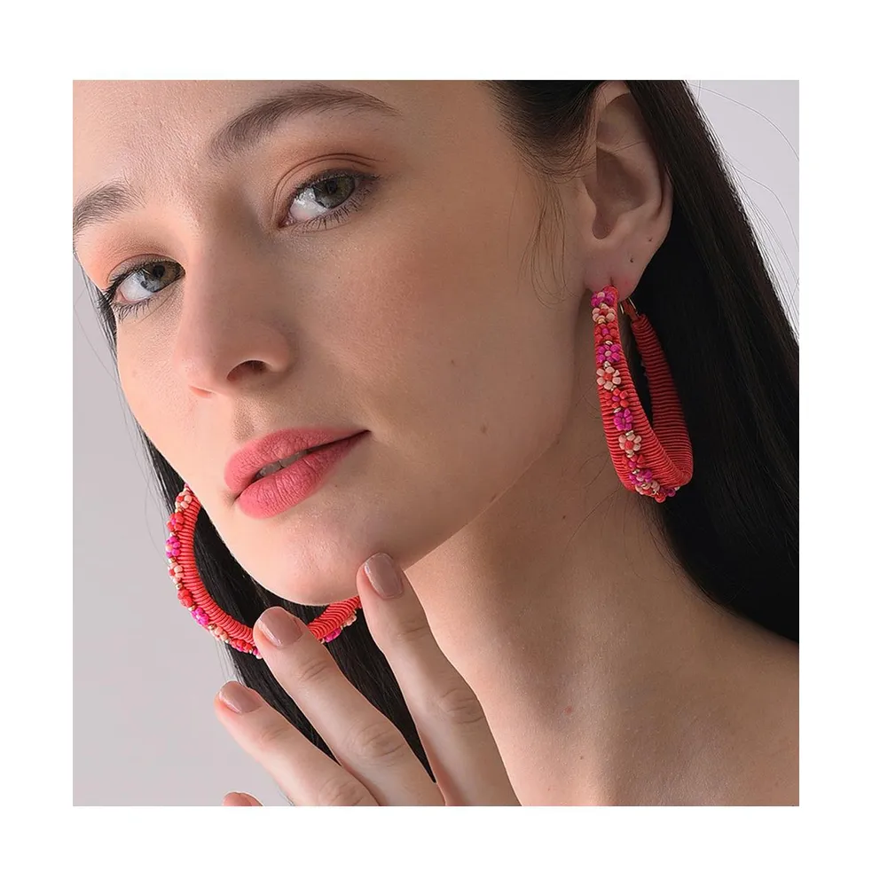 Sohi Women's Red Beaded Hoop Earrings