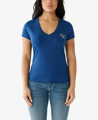 True Religion Women's Short Sleeve Foil Horseshoe V-neck T-shirt