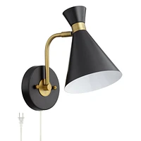 Venice Mid Century Modern Adjustable Wall Lamp Matte Black Antique Brass Plug-In Light Fixture Metal Cone Shade for Bedroom Bedside House Reading Livi