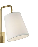 Luca Mid Century Modern Indoor Swing Arm Wall Mounted Lamp Brass Finish Metal Plug-In Light Fixture Fabric Shade for Bedroom Bedside House Reading Liv
