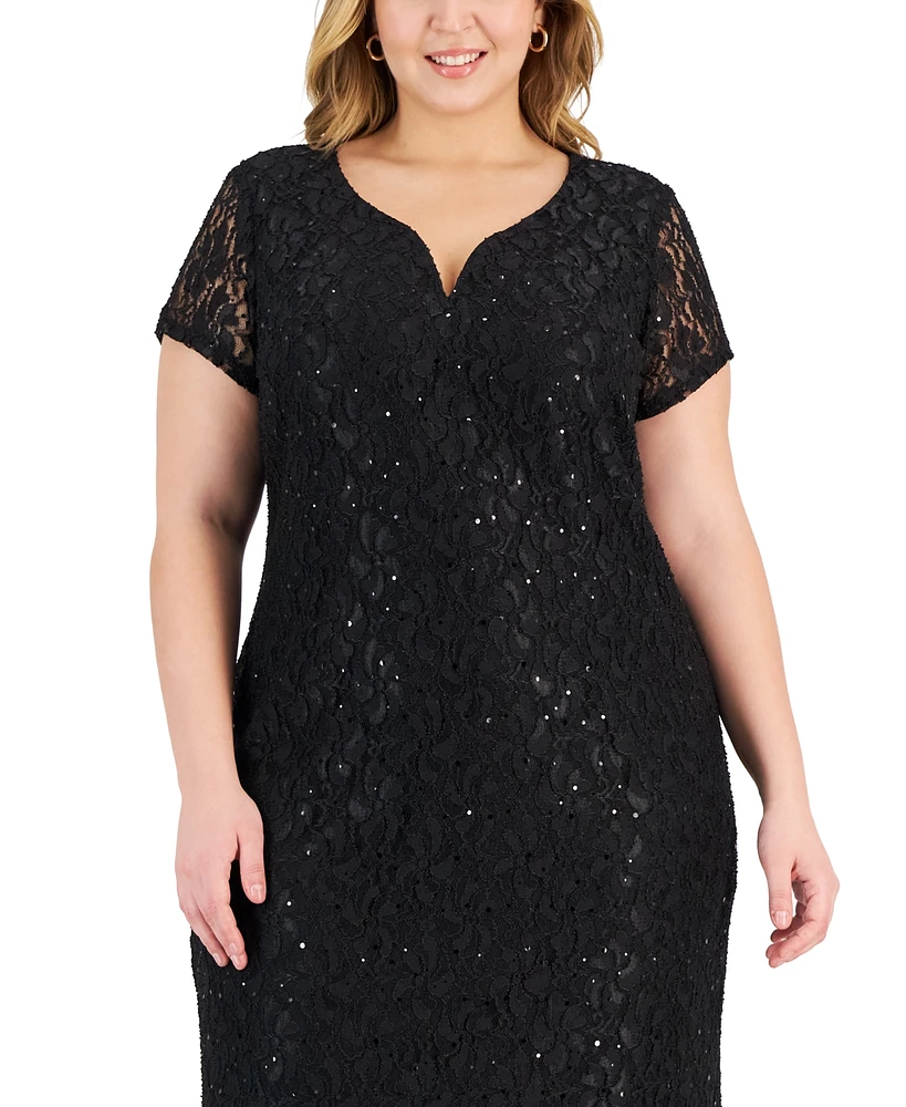 Connected Plus Sequin-Lace V-Wire Maxi Dress