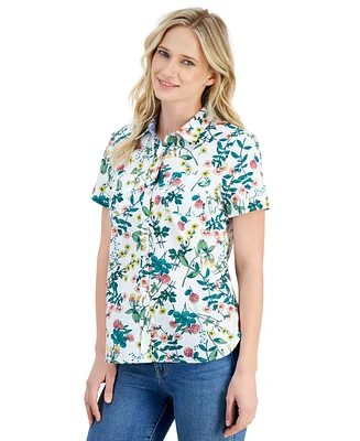 Nautica Jeans Women's Floral-Print Short-Sleeve Cotton Camp Shirt