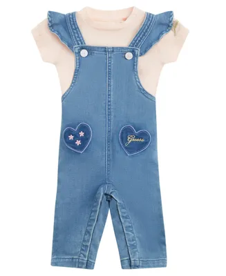 Guess Baby Girls Short Sleeve T Shirt and Overall with Embroidered Heart Appliques, 2 Piece Set