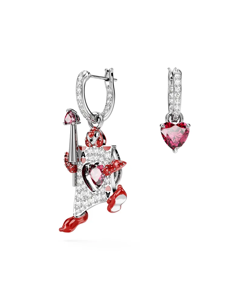 Swarovski Asymmetrical Design, Playing Card, Red, Rhodium Plated Alice In Wonderland Drop Earrings