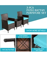 Sugift 3 Pieces Patio Cushioned Rattan Conversation Set With Glass Table Top