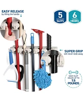 Mop And Broom Holder - Garage Storage Systems with 5 Slots, 6 Hooks, 7.5lbs Capacity Per Slot - Garden Tool Organizer For 11 Tools