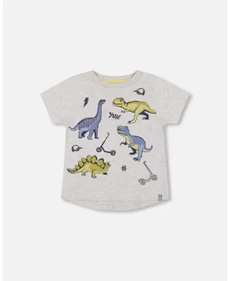 Boy Organic Cotton T-Shirt With Dino Print Light Gray Mix