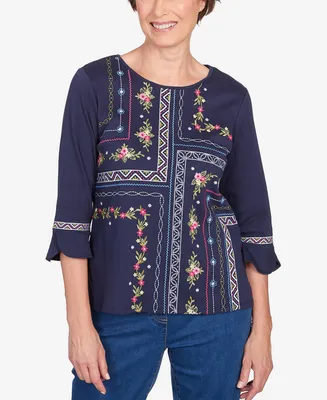 Alfred Dunner Women's Full Bloom Flower Embroidery Quad Top