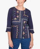 Alfred Dunner Women's Full Bloom Flower Embroidery Quad Top