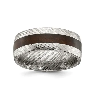Chisel Damascus Steel Polished with Ebony Wood Inlay 8mm Band Ring