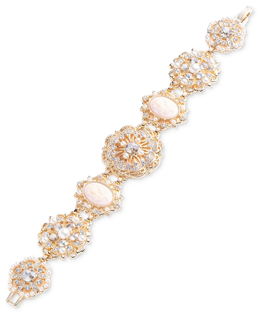 Marchesa Gold-Tone Crystal & Imitation Pearl Flower Cameo Flex Bracelet