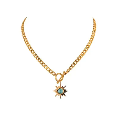 Sun Pendant Necklace with Turquoise Stone and Anchor Link Chain