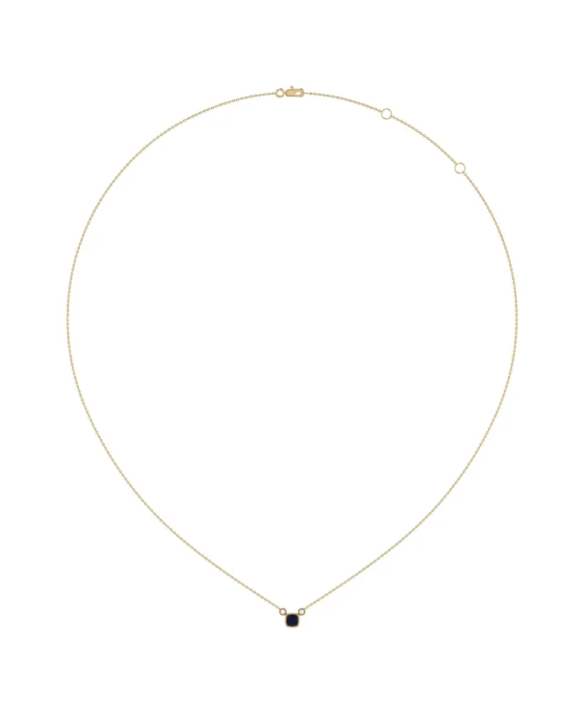LuvMyJewelry Cushion Sapphire Gemstone Round Natural Diamond 14K Yellow Gold Birthstone Necklace