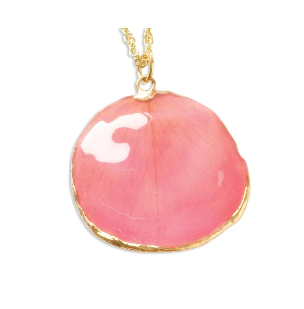 24K Gold-trim Lacquer Dipped Pink Rose Petal Gold-tone Necklace