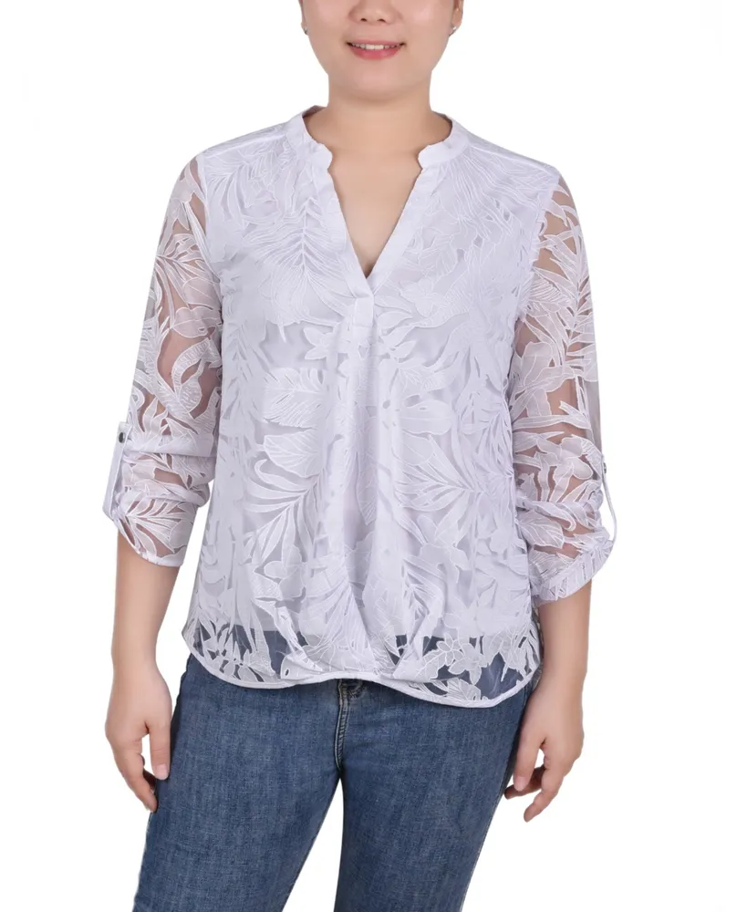 Ny Collection Women's Long Sleeve Burnout Y-neck Blouse