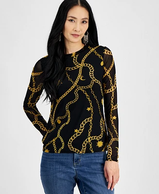 I.n.c. International Concepts Women's Printed Mesh Top, Created for Macy's