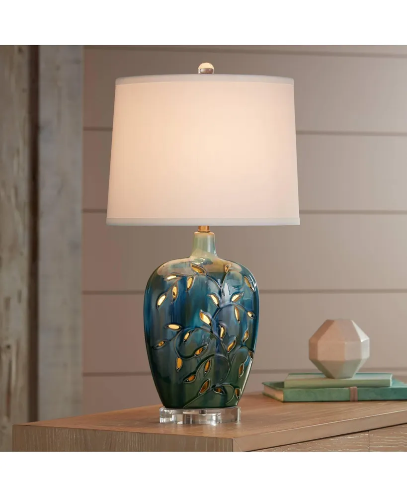 Devan Cottage Table Lamp with Nightlight 24.5" High Ceramic Blue Acrylic Vine Handcrafted Oval Fabric Shade Decor for Living Room Bedroom House Bedsid