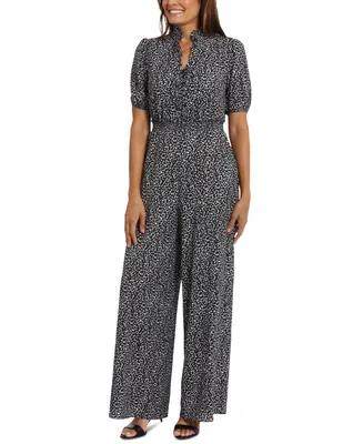 London Times Plus Size Puff-Sleeve Printed Jumpsuit