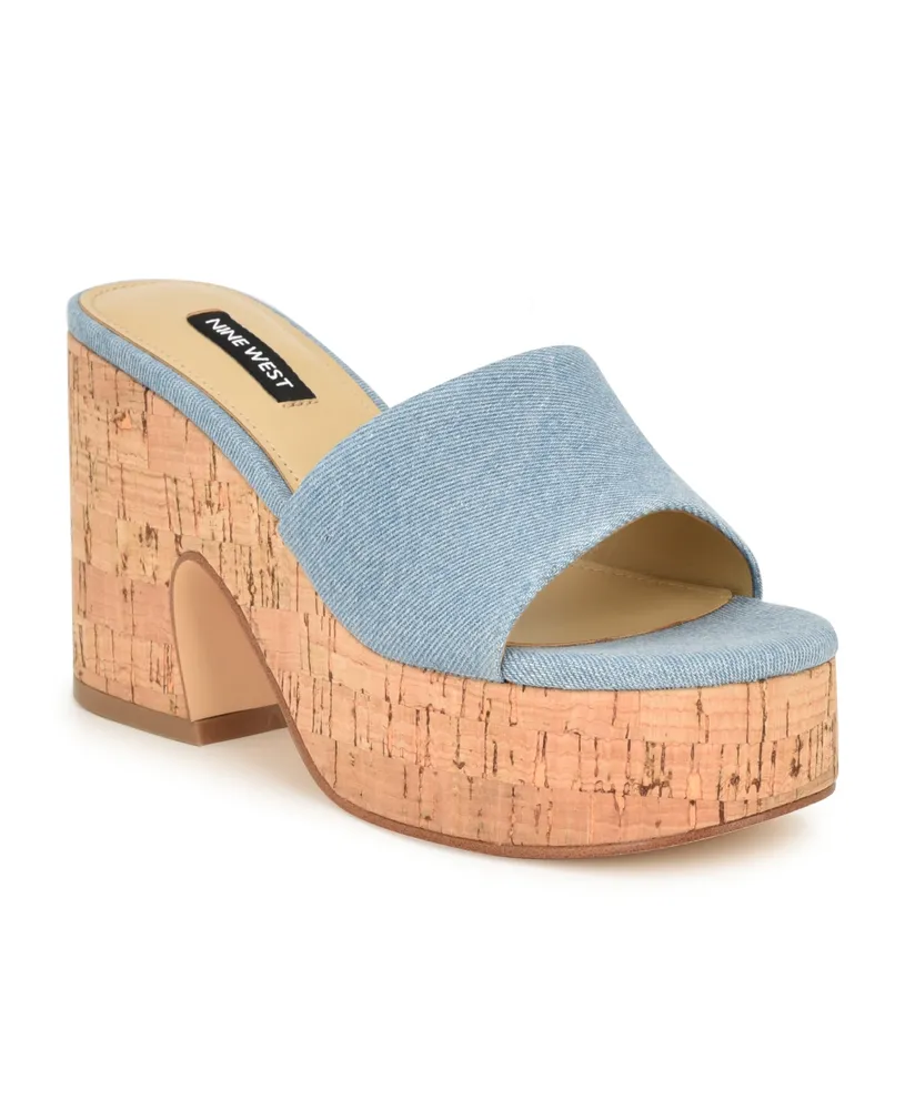 Nine West Women's Boone Slip-On Round Toe Wedge Sandals - Light Blue Denim