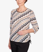 Alfred Dunner Women's Neutral Territory Diagonal Texture Drawstring Hem Top