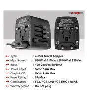 5 Core Travel Adapter 3 Pieces International Power Adapter Plug Multi Outlet Port 4 Usb Travel Charger Universal Ac Plug Outlet Adapter