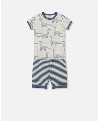 Baby Boy Organic Cotton Two Piece Short Pajama Set Heather Beige Printed Dinosaurs - Infant