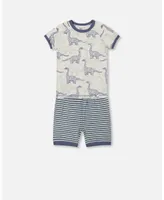 Baby Boy Organic Cotton Two Piece Short Pajama Set Heather Beige Printed Dinosaurs - Infant
