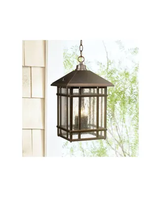 Kathy Ireland Jardin du Jour Sierra Craftsman Art Deco Outdoor Hanging Ceiling Light Rubbed Bronze 16 1/2" Frosted Seeded Glass Panels Damp Rated for
