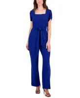 Connected Women's Petal-Sleeve Tie-Waist Square-Neck Jumpsuit