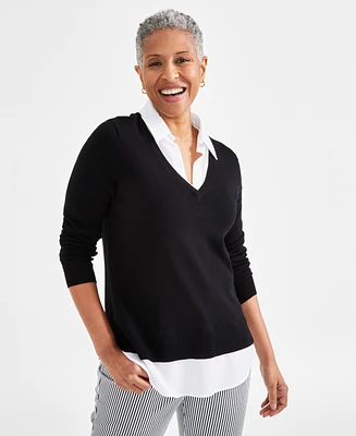 Style & Co Petite Two for One V-Neck Pullover Sweater, Created Macy's