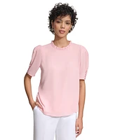 Calvin Klein Women's Pleated Collar Puff-Sleeve Top